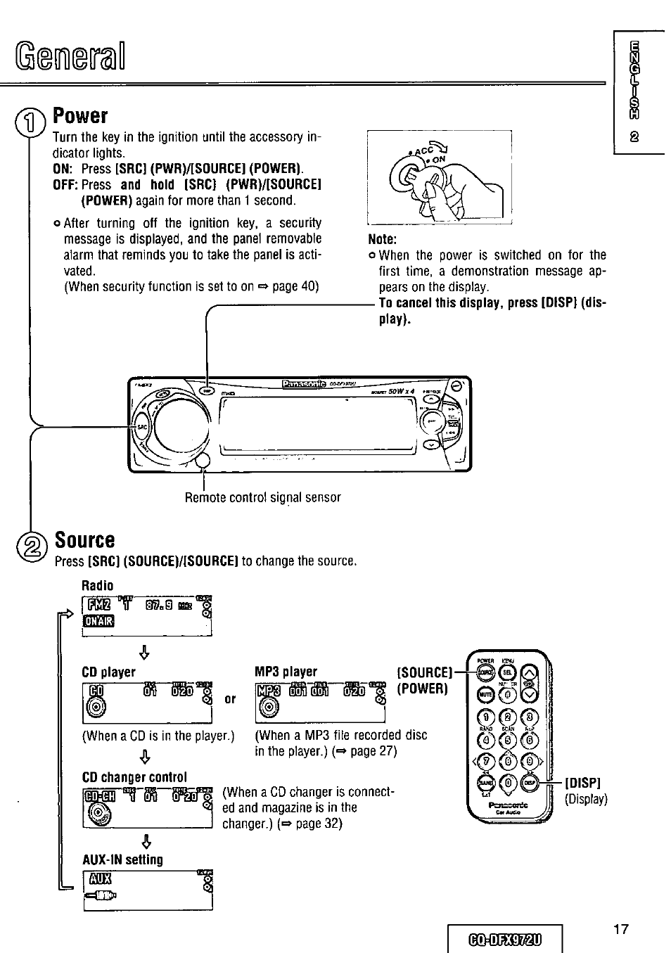 Source, Mp3 player, Power) | Source]-p00, Power | Panasonic FULL FRONT MP3 CD PLAYER CQ-DFX972U User Manual | Page 17 / 156