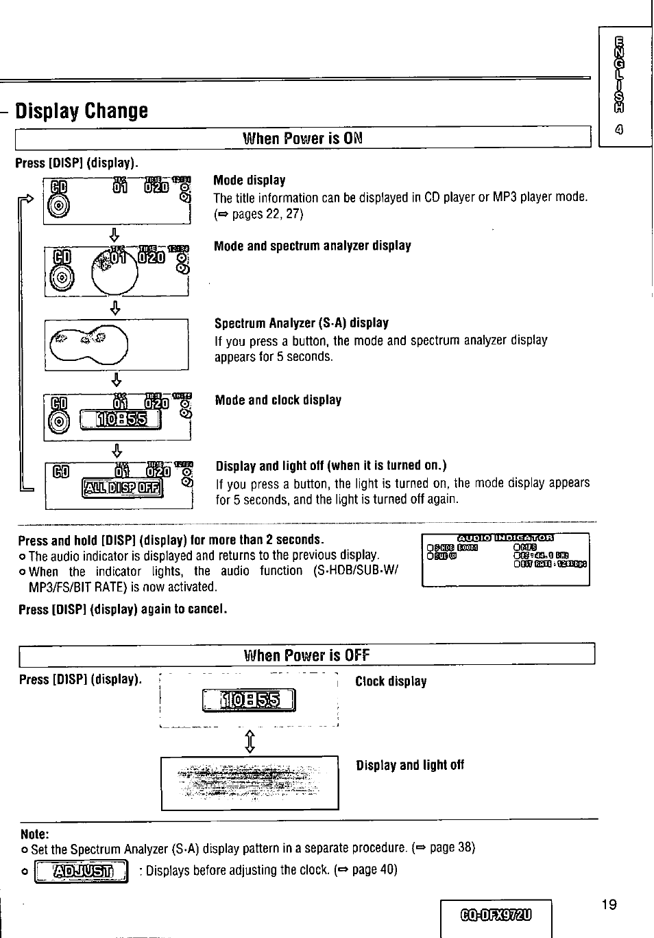 Display change, When power is on, When power is off | Panasonic FULL FRONT MP3 CD PLAYER CQ-DFX972U User Manual | Page 19 / 156