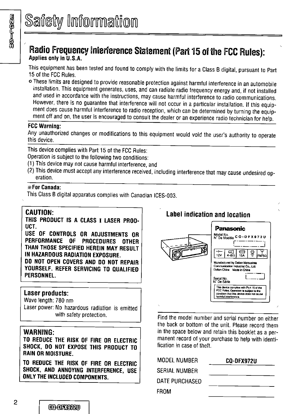 Laser products, Warning, Label indication and location | Cc] 9 y, Panasonic, Caution | Panasonic FULL FRONT MP3 CD PLAYER CQ-DFX972U User Manual | Page 2 / 156