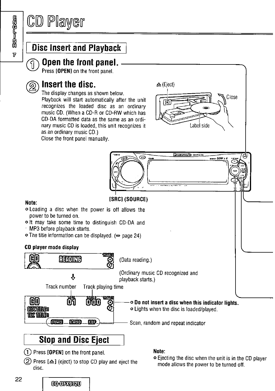 Disc insert and playback, Open the front panel, Insert the disc | Iimb, Stop and disc eject, Disc insert and playback ^ open the front panel | Panasonic FULL FRONT MP3 CD PLAYER CQ-DFX972U User Manual | Page 22 / 156