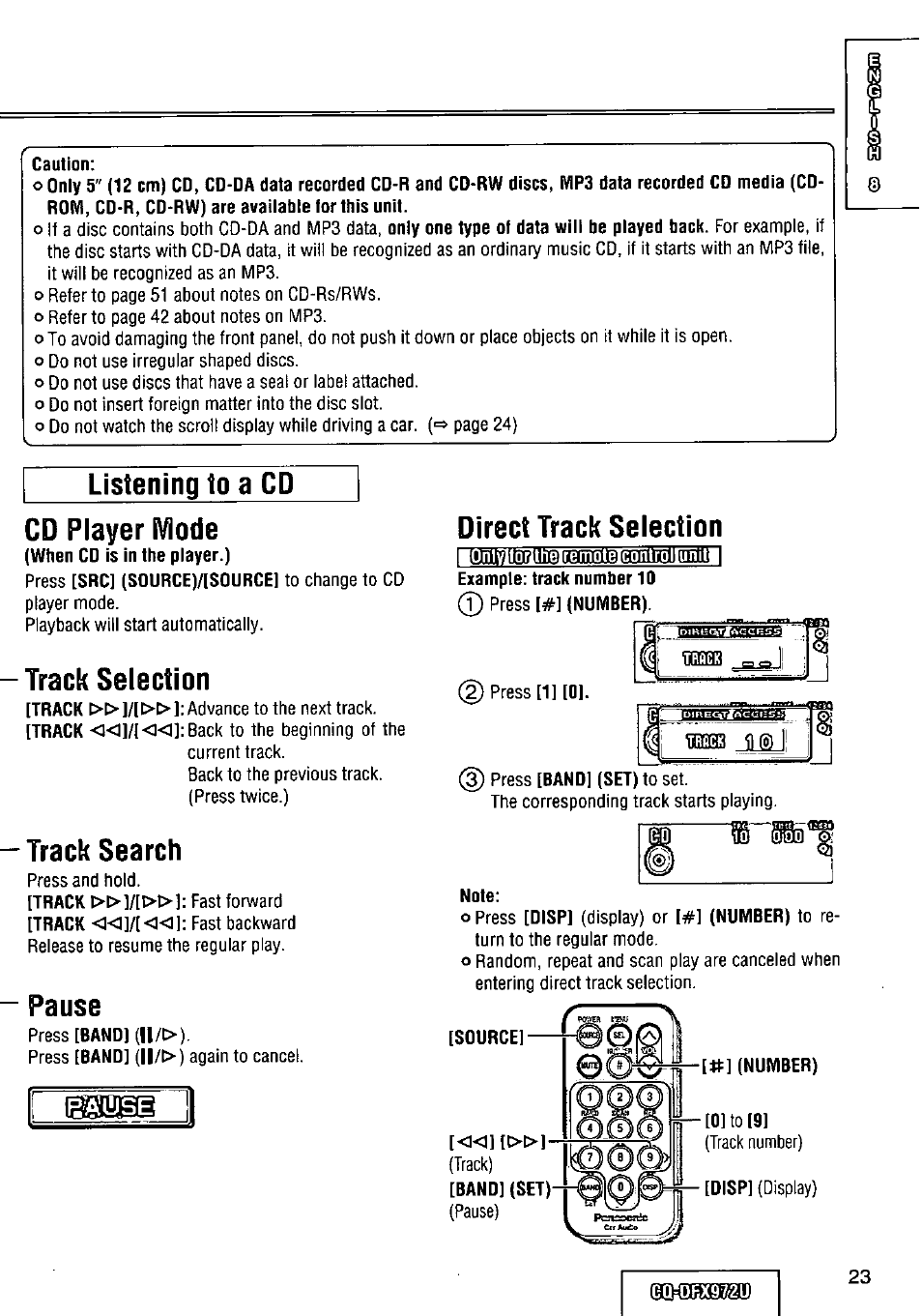 Listening to a cd, Cd player iviode, Track selection | Track search, Pause, Direct track selection, Listening to a cd cd player iviode, Narm | Panasonic FULL FRONT MP3 CD PLAYER CQ-DFX972U User Manual | Page 23 / 156