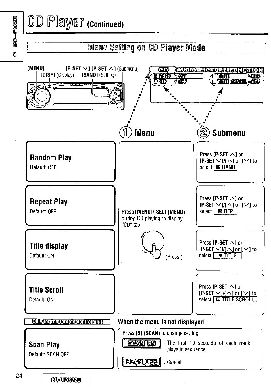 Menu, Submenu, Tgau i when the menu is not displayed | Random play, Repeat play, Title display, Title scroll, Scan play | Panasonic FULL FRONT MP3 CD PLAYER CQ-DFX972U User Manual | Page 24 / 156