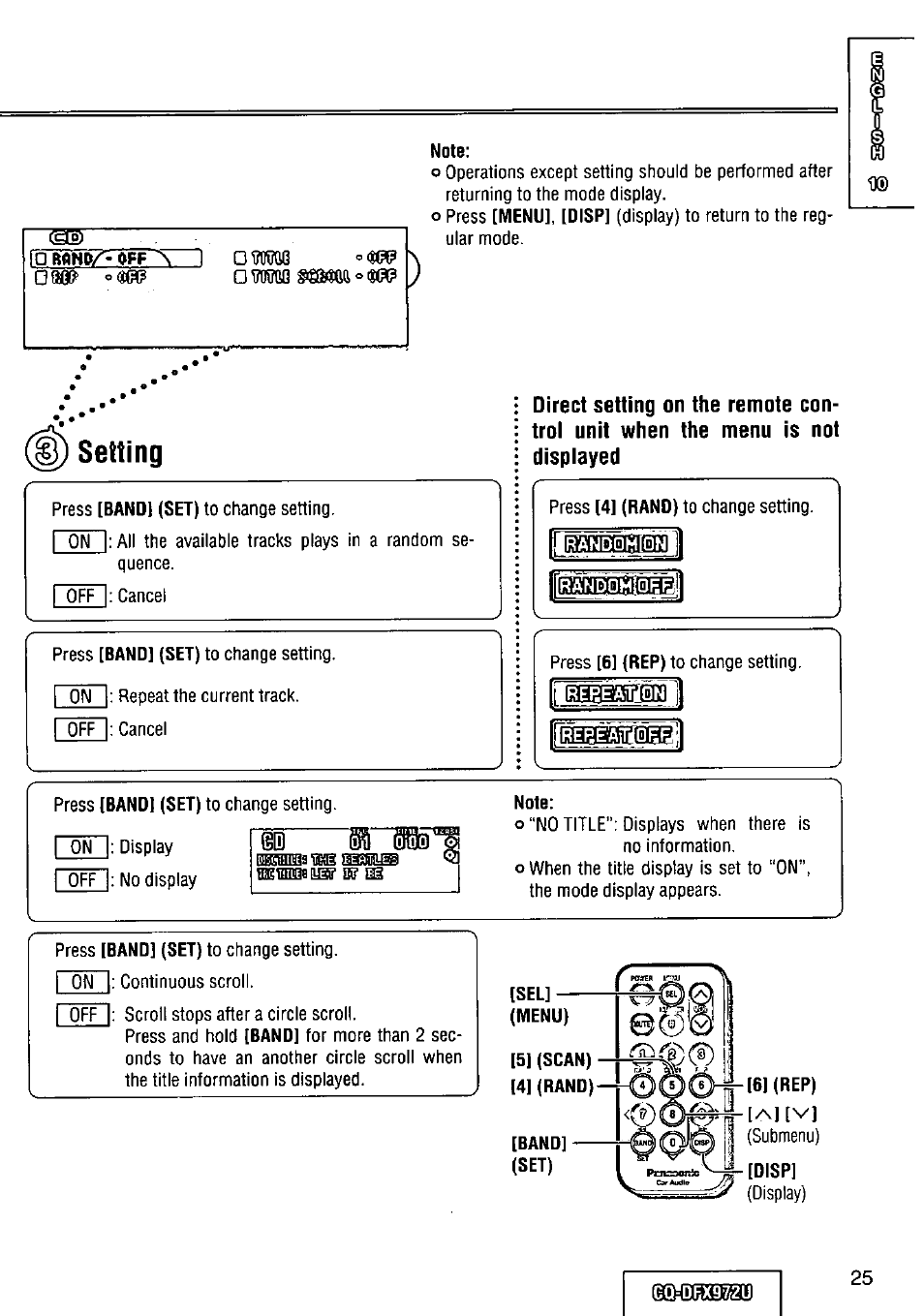 Note, Isel, Menu) | 5] (scan) [4] (rand), 6] (rep), Disp | Panasonic FULL FRONT MP3 CD PLAYER CQ-DFX972U User Manual | Page 25 / 156