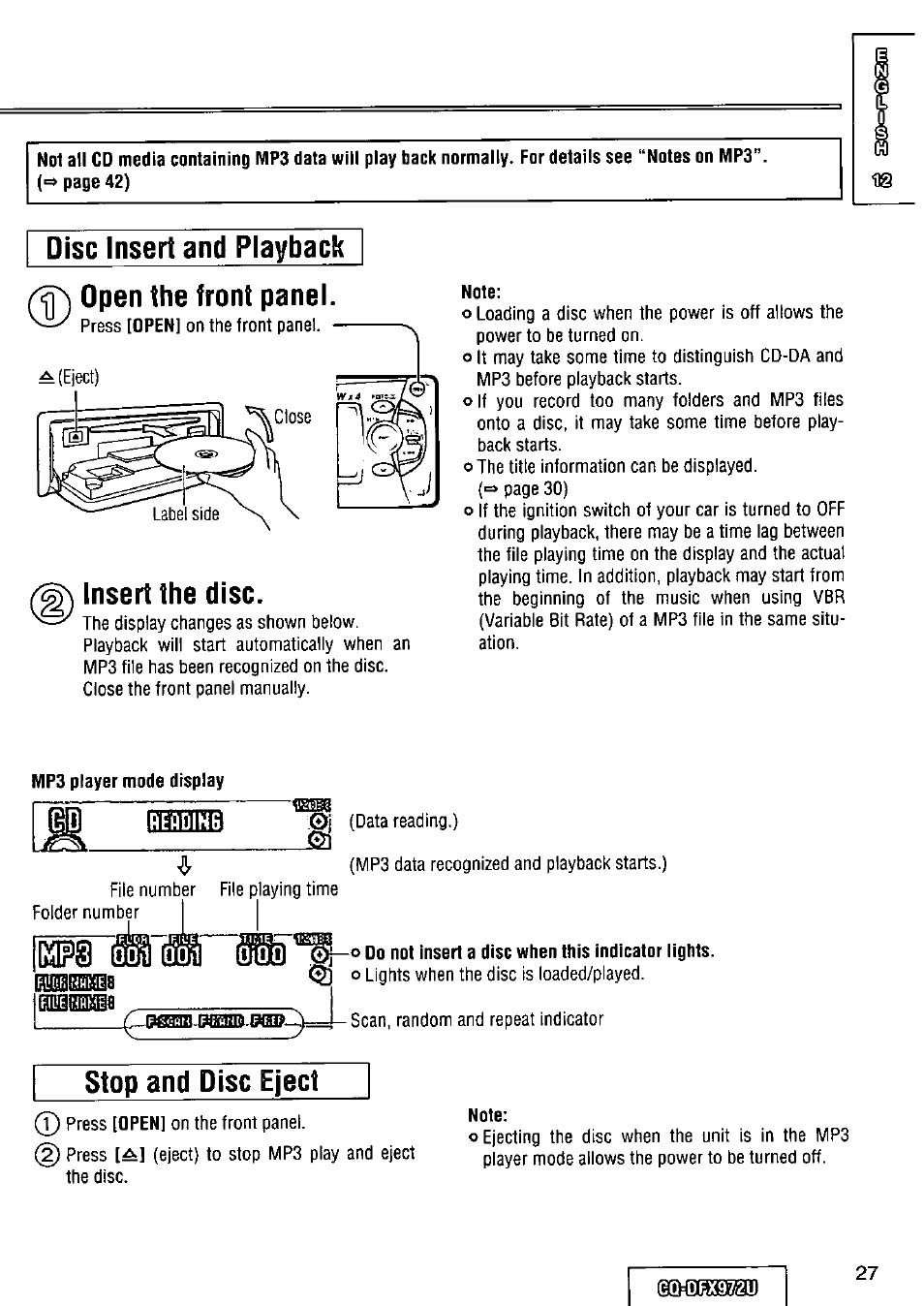 Disc insert and playback, Insert the disc, Reading | Stop and disc eject, Open the front panel | Panasonic FULL FRONT MP3 CD PLAYER CQ-DFX972U User Manual | Page 27 / 156