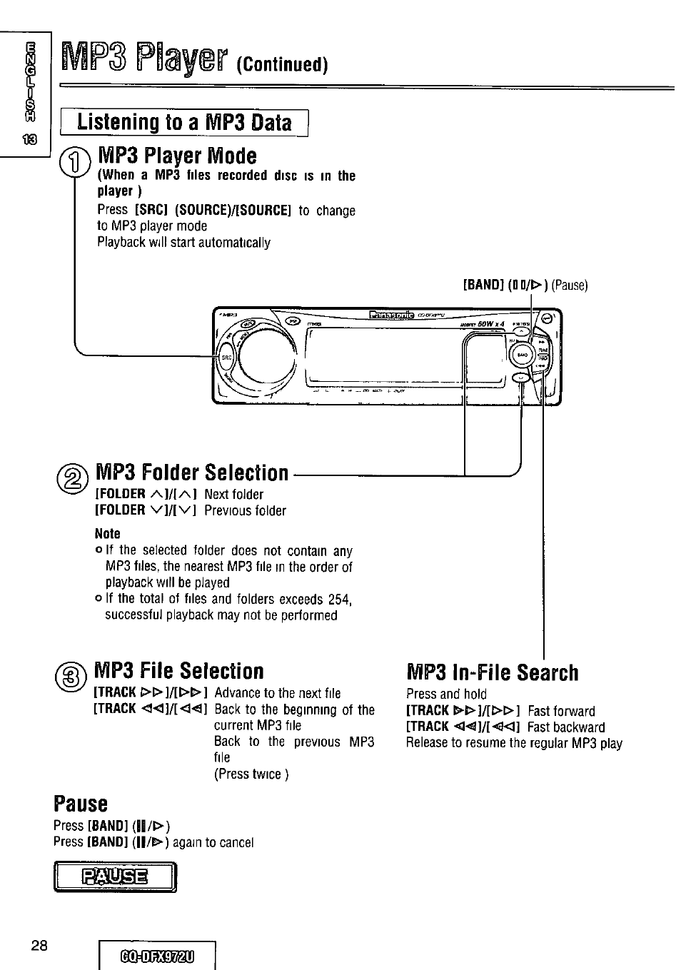 F3 pisysir (continued), Listening to a mp3 data, Mp3 player mode | Mp3 folder selection, Mp3 file selection, Pause, F3 pisysir, Mssm | Panasonic FULL FRONT MP3 CD PLAYER CQ-DFX972U User Manual | Page 28 / 156