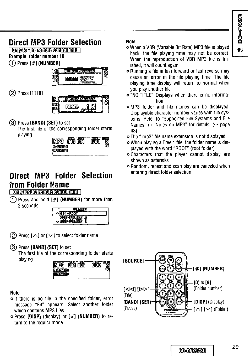 Direct ivip3 folder selection, Direct mp3 folder selection from folder name, Note | Gqidrx97/21j | Panasonic FULL FRONT MP3 CD PLAYER CQ-DFX972U User Manual | Page 29 / 156