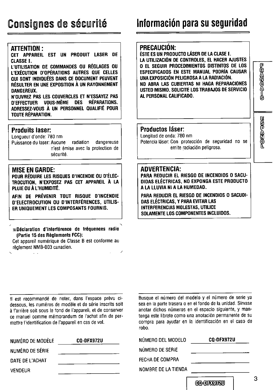 Precaucion, Productos láser, Advertencia | Comisôgnes lie sécuriié, Información para su seguridad | Panasonic FULL FRONT MP3 CD PLAYER CQ-DFX972U User Manual | Page 3 / 156