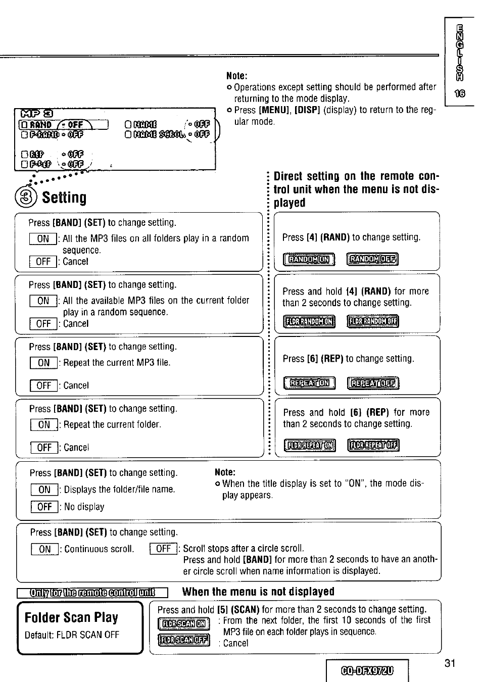 Irsmi t, Ftfint i when the menu is not displayed, Folder scan play | I ib, Setting | Panasonic FULL FRONT MP3 CD PLAYER CQ-DFX972U User Manual | Page 31 / 156