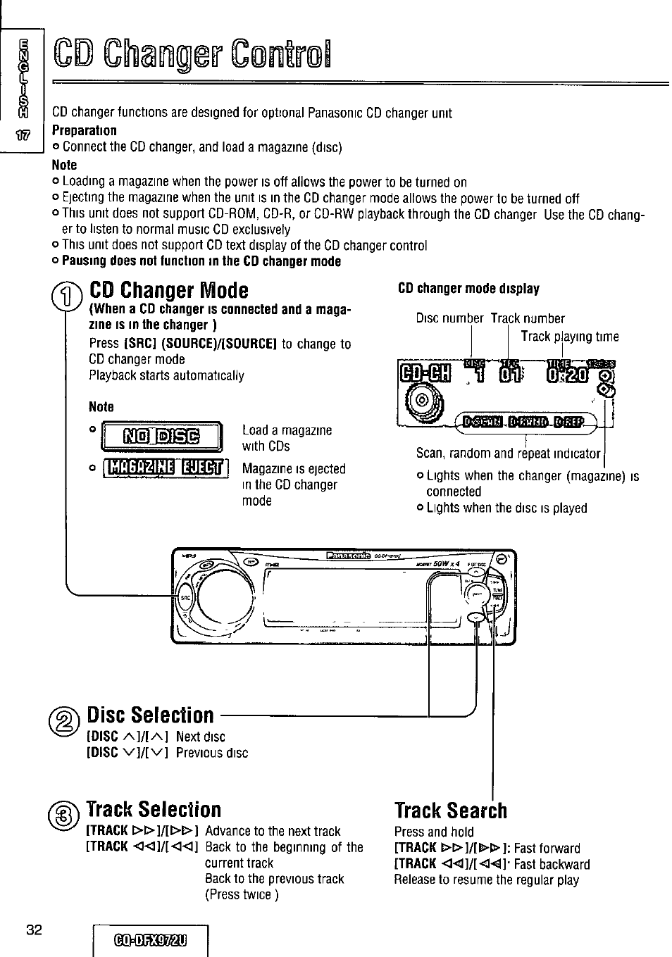 Мй6й21не, Teraer oontrol, Cd changer ivlode | Disc selection, Track selection, Track search | Panasonic FULL FRONT MP3 CD PLAYER CQ-DFX972U User Manual | Page 32 / 156