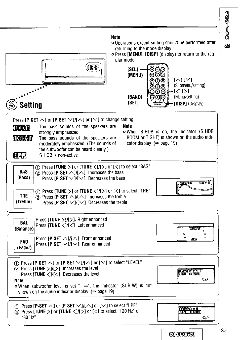 Note, Setting | Panasonic FULL FRONT MP3 CD PLAYER CQ-DFX972U User Manual | Page 37 / 156