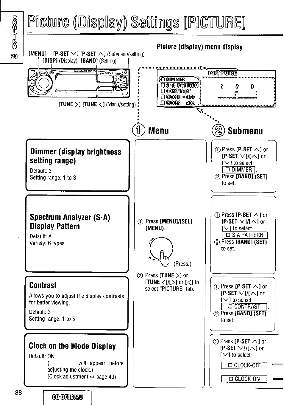 Pictub, Picture (display) menu display, D) menu | Dimmer (display brightness setting range), Spectrum analyzer (s-a) display pattern, Contrast, Clock on the mode display, Submenu | Panasonic FULL FRONT MP3 CD PLAYER CQ-DFX972U User Manual | Page 38 / 156