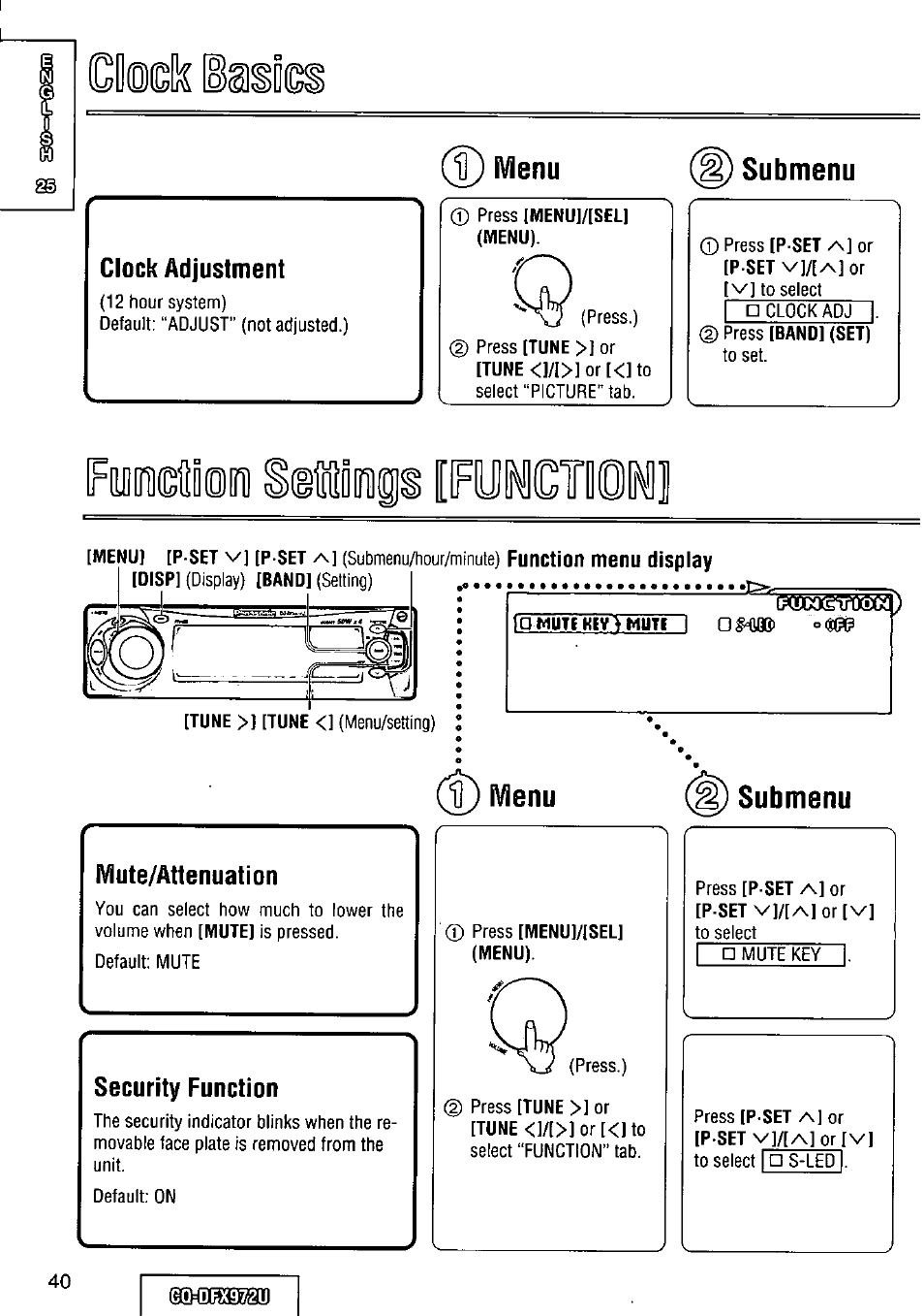 D menu, Submenu, Mute/attenuation | Security function, Menu submenu | Panasonic FULL FRONT MP3 CD PLAYER CQ-DFX972U User Manual | Page 40 / 156