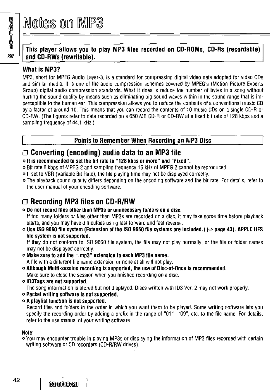 What is mp3, Converting (encoding) audio data to an ivip3 fiie, Recording mp3 files on cd-r/rw | Panasonic FULL FRONT MP3 CD PLAYER CQ-DFX972U User Manual | Page 42 / 156