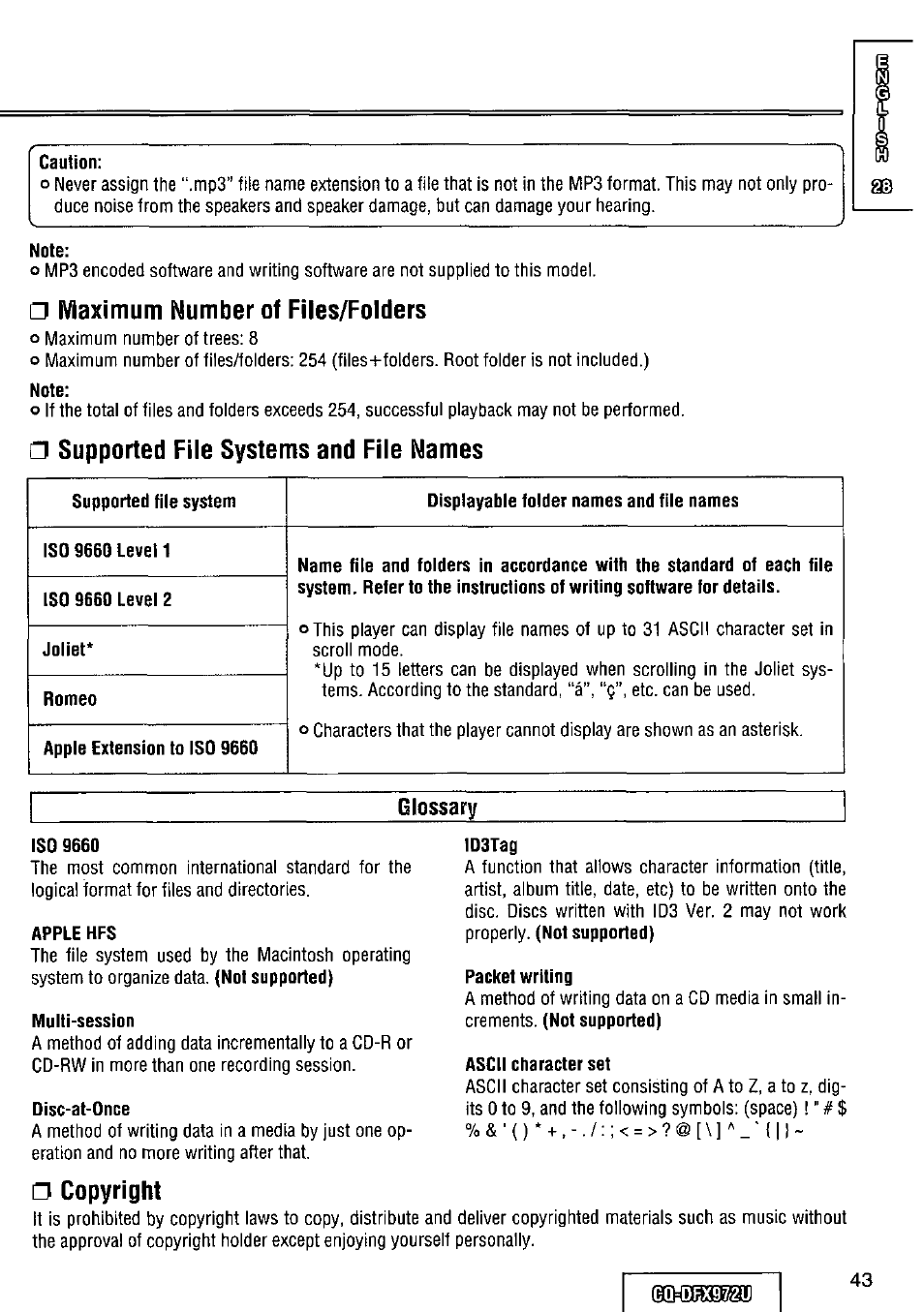 Maximum number of files/folders, Supported file systems and file names, Glossary | Copyright | Panasonic FULL FRONT MP3 CD PLAYER CQ-DFX972U User Manual | Page 43 / 156