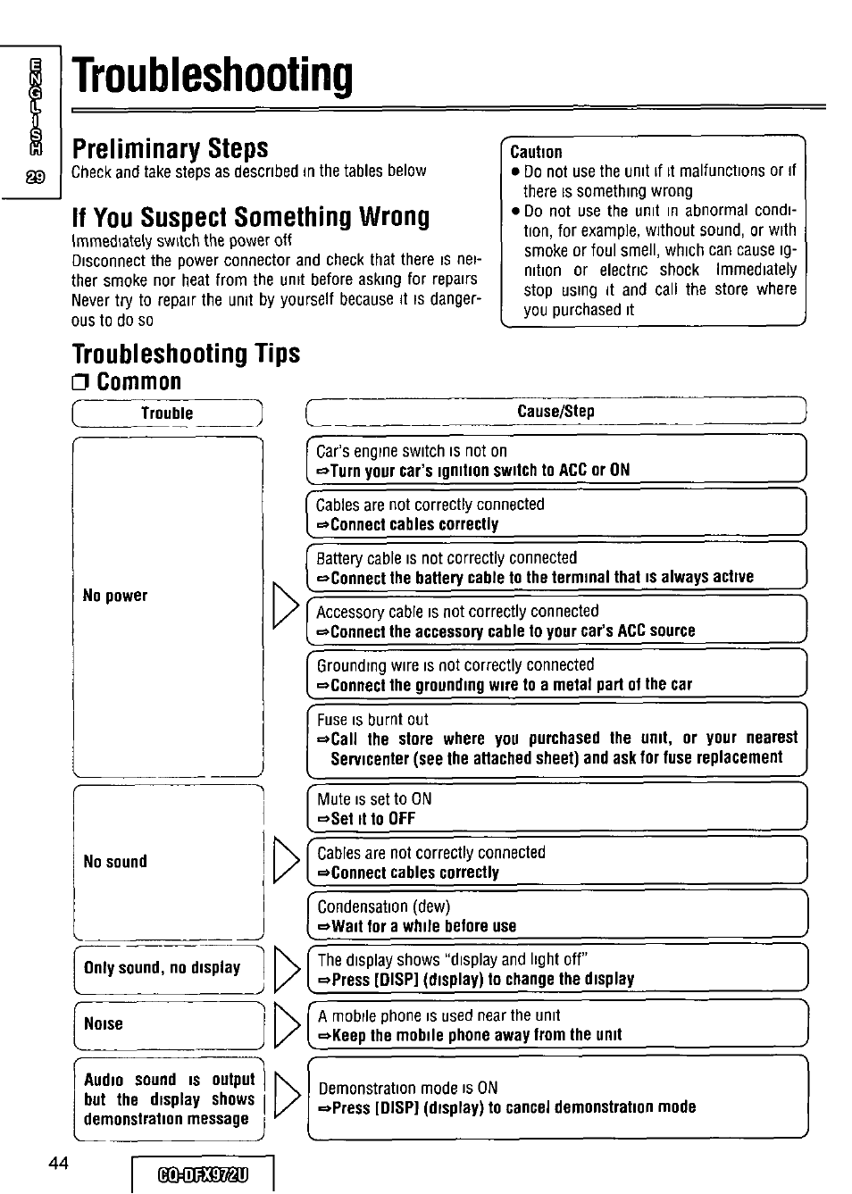 Preliminary steps, If you suspect something wrong, Troubleshooting tips a common | Troubleshooting, Troubleshooting tips, A common | Panasonic FULL FRONT MP3 CD PLAYER CQ-DFX972U User Manual | Page 44 / 156