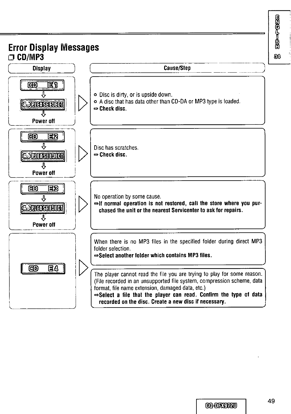 Error display messages, Cd/mp3 | Panasonic FULL FRONT MP3 CD PLAYER CQ-DFX972U User Manual | Page 49 / 156