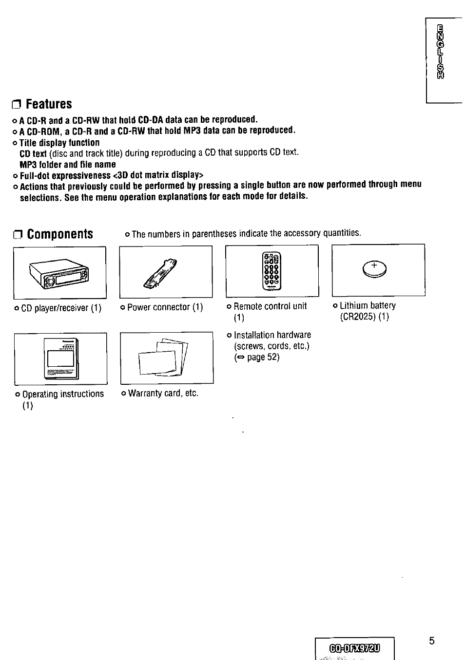 Features, Components | Panasonic FULL FRONT MP3 CD PLAYER CQ-DFX972U User Manual | Page 5 / 156