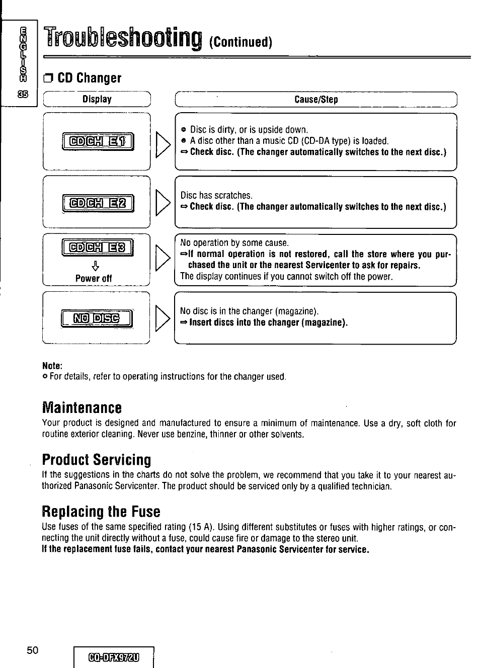 Trouiiiesliootlng (continued), Maintenance, Product servicing | Repiacing the fuse | Panasonic FULL FRONT MP3 CD PLAYER CQ-DFX972U User Manual | Page 50 / 156