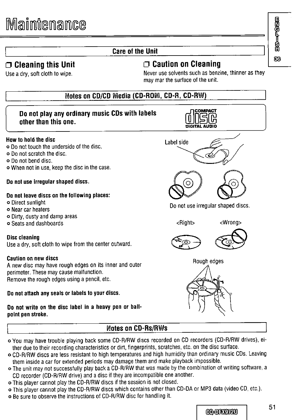 Care of the unit, Caution on cleaning, Jiotes on cd/cd media (cd-roivi, cd-r, cd-rw) | Other than this one. iiliusijd, Emotes on cd-rs/r, Iiliusij, Cleaning this unit | Panasonic FULL FRONT MP3 CD PLAYER CQ-DFX972U User Manual | Page 51 / 156