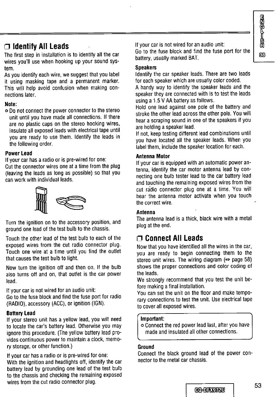 Identify all leads, Connect all leads | Panasonic FULL FRONT MP3 CD PLAYER CQ-DFX972U User Manual | Page 53 / 156