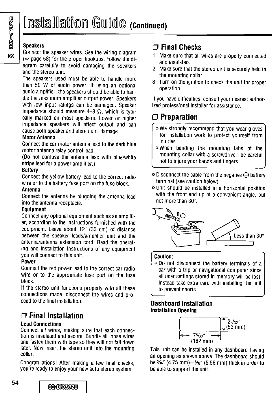 Final installation, Final checks, Preparation | Dashboard installation, Oistamaiot, Овхши, Continued) | Panasonic FULL FRONT MP3 CD PLAYER CQ-DFX972U User Manual | Page 54 / 156