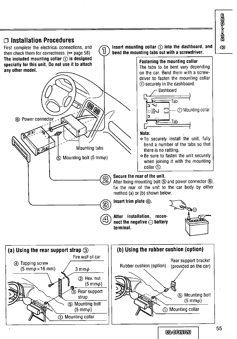 Installation procedures, A) using the rear support strap (з), B) using the rubber cushion (option) | Panasonic FULL FRONT MP3 CD PLAYER CQ-DFX972U User Manual | Page 55 / 156