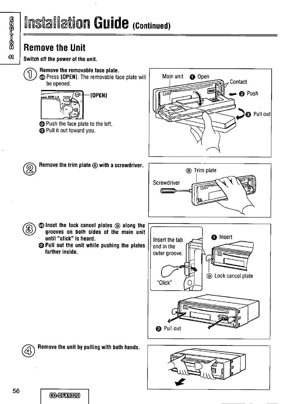 Remove the unit, Sniliiiatiobi guide (continued) | Panasonic FULL FRONT MP3 CD PLAYER CQ-DFX972U User Manual | Page 56 / 156