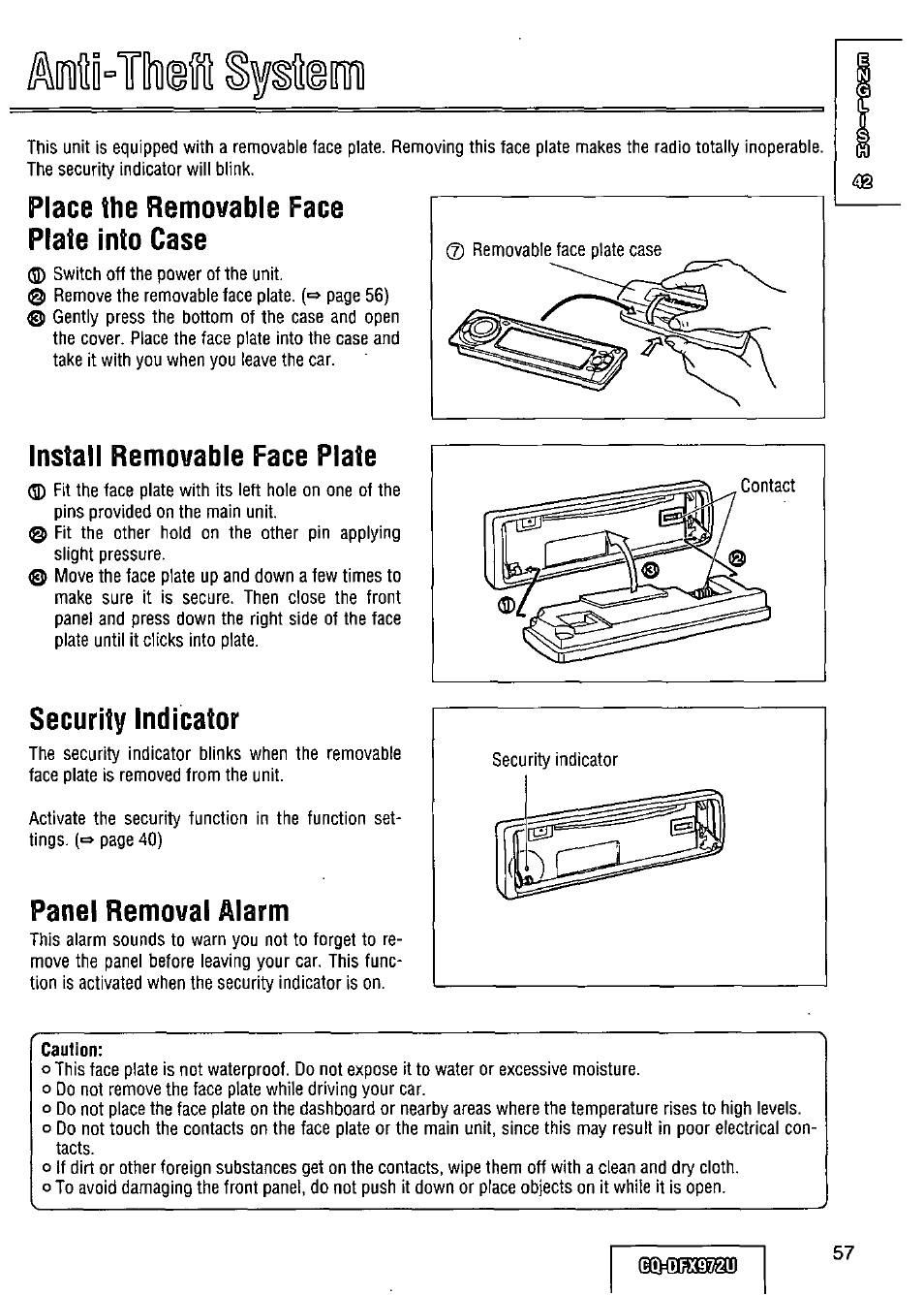 Ms“tít](gi, Place the removable face plate into case, Install removable face plate | Security indicator, Panel removal alarm | Panasonic FULL FRONT MP3 CD PLAYER CQ-DFX972U User Manual | Page 57 / 156