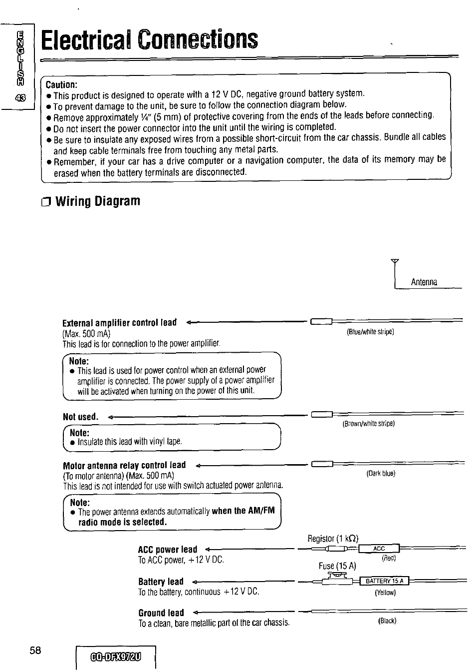 Wiring diagram, Electrical connections | Panasonic FULL FRONT MP3 CD PLAYER CQ-DFX972U User Manual | Page 58 / 156