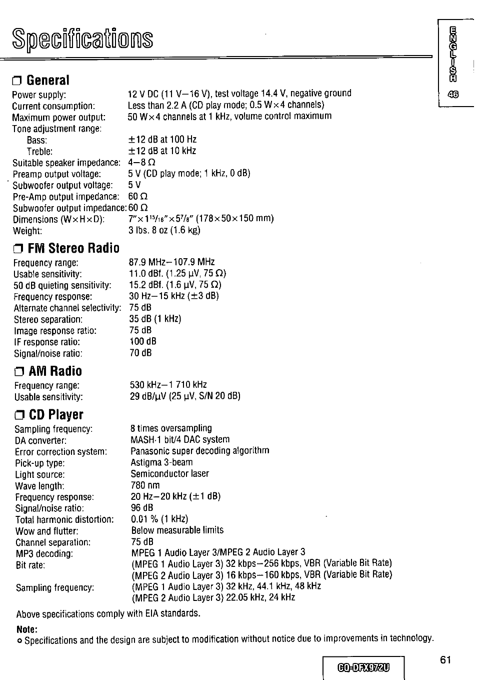 Fm stereo radio, Am radio, Cd player | General | Panasonic FULL FRONT MP3 CD PLAYER CQ-DFX972U User Manual | Page 61 / 156