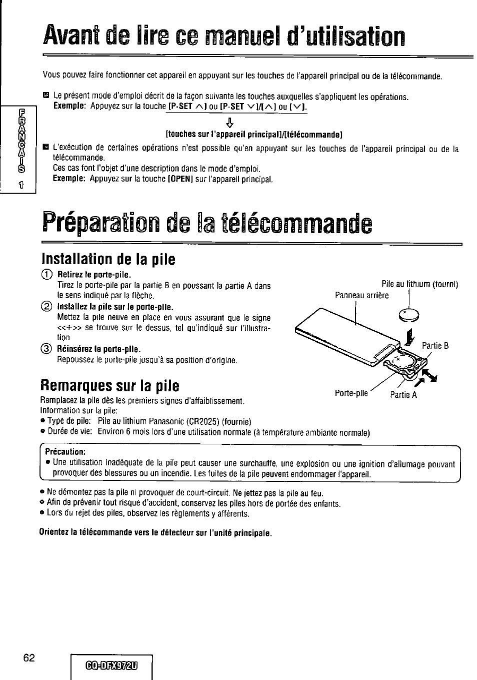 Installation de la pile, Remarques sur la pile, Précaution | Avant de lire ce manuel d’utilisation, Préparation de la télécommande | Panasonic FULL FRONT MP3 CD PLAYER CQ-DFX972U User Manual | Page 62 / 156