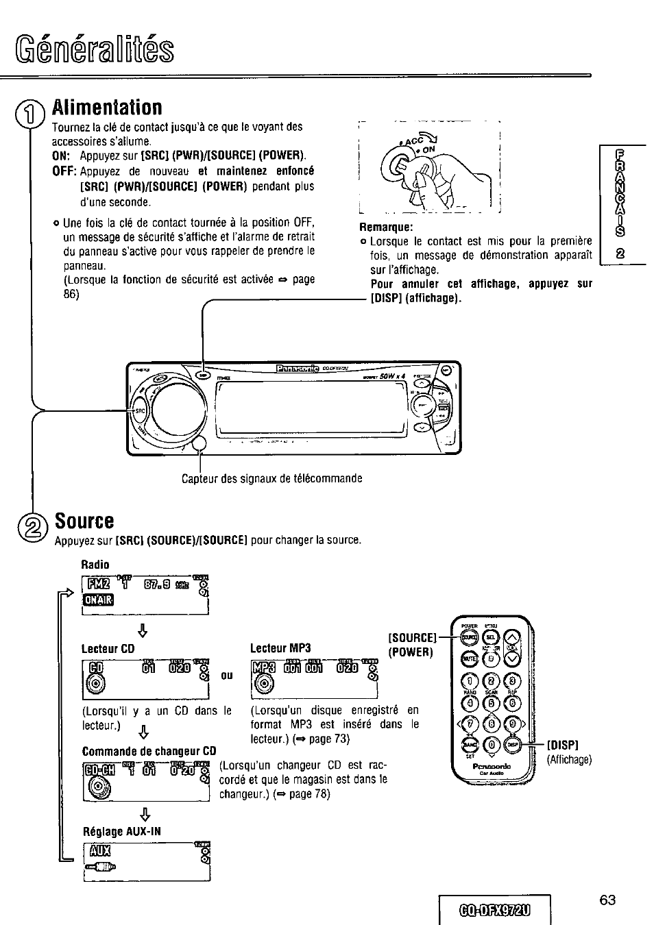 Alimentation, Remarque, Source | Commande de changeur cd, Réglage aux-in | Panasonic FULL FRONT MP3 CD PLAYER CQ-DFX972U User Manual | Page 63 / 156