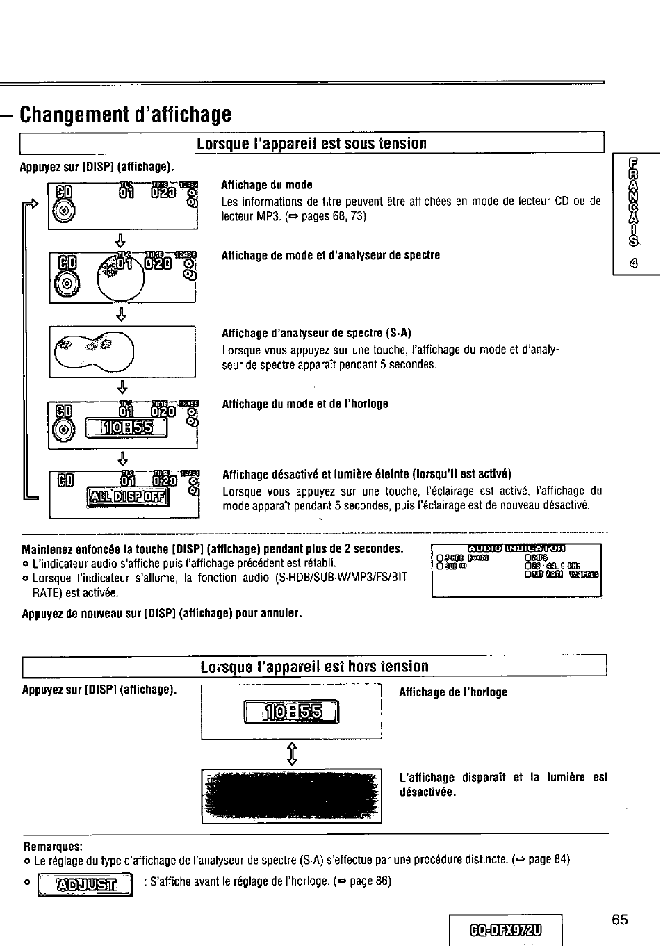 Changement d’affichage, Lorsque l’appareil est sous tension, Affichage du mode | Affichage de mode et d’analyseur de spectre, Affichage d’analyseur de spectre (s-a), Lorsque tappareil est hors tension, Appuyez sur [disp] (affichage), L’affichage disparaît et la lumière est désactivée, Remarques, Dex97/2u | Panasonic FULL FRONT MP3 CD PLAYER CQ-DFX972U User Manual | Page 65 / 156