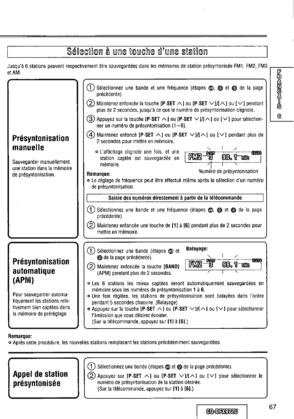 Présyntonisation, Manuelle, Automatique | Арм), Balayage, 0ши'1равв, Remarque, Appel de station présyntonisée, Df,x97/2u, Présyntonisation manuelle | Panasonic FULL FRONT MP3 CD PLAYER CQ-DFX972U User Manual | Page 67 / 156