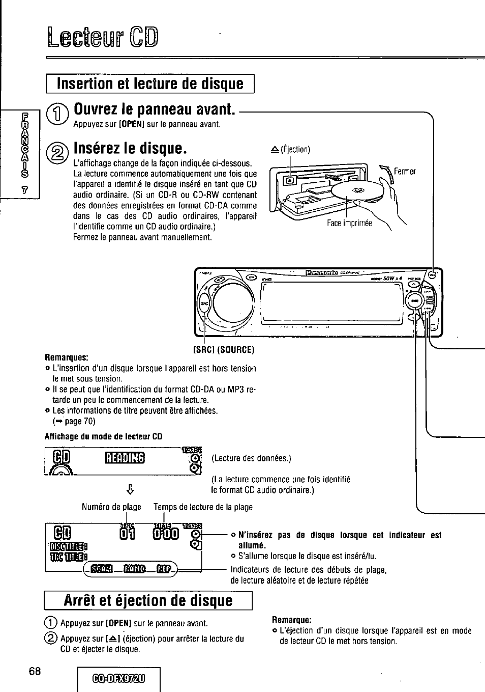 Remarques, Ffügïïntfla, Remarque | Insertion et lecture de disque, Ouvrez le panneau avant, Insérez le disque, Mh\m, Arrêt et éjection de disque | Panasonic FULL FRONT MP3 CD PLAYER CQ-DFX972U User Manual | Page 68 / 156