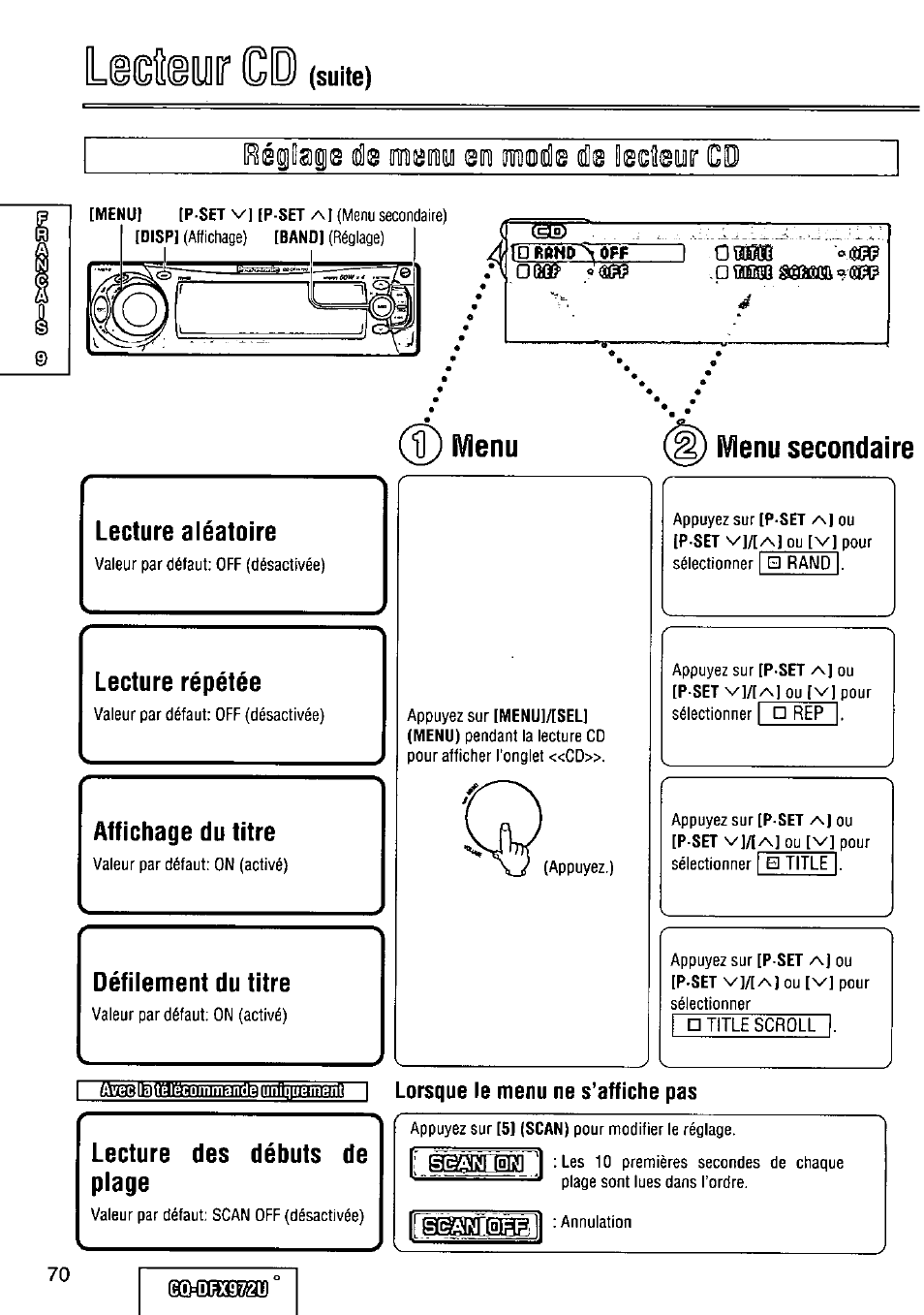 Lecture des débuts de plage, L^églai© d® menmi en mode de leojeuir ci, Suite) | Panasonic FULL FRONT MP3 CD PLAYER CQ-DFX972U User Manual | Page 70 / 156