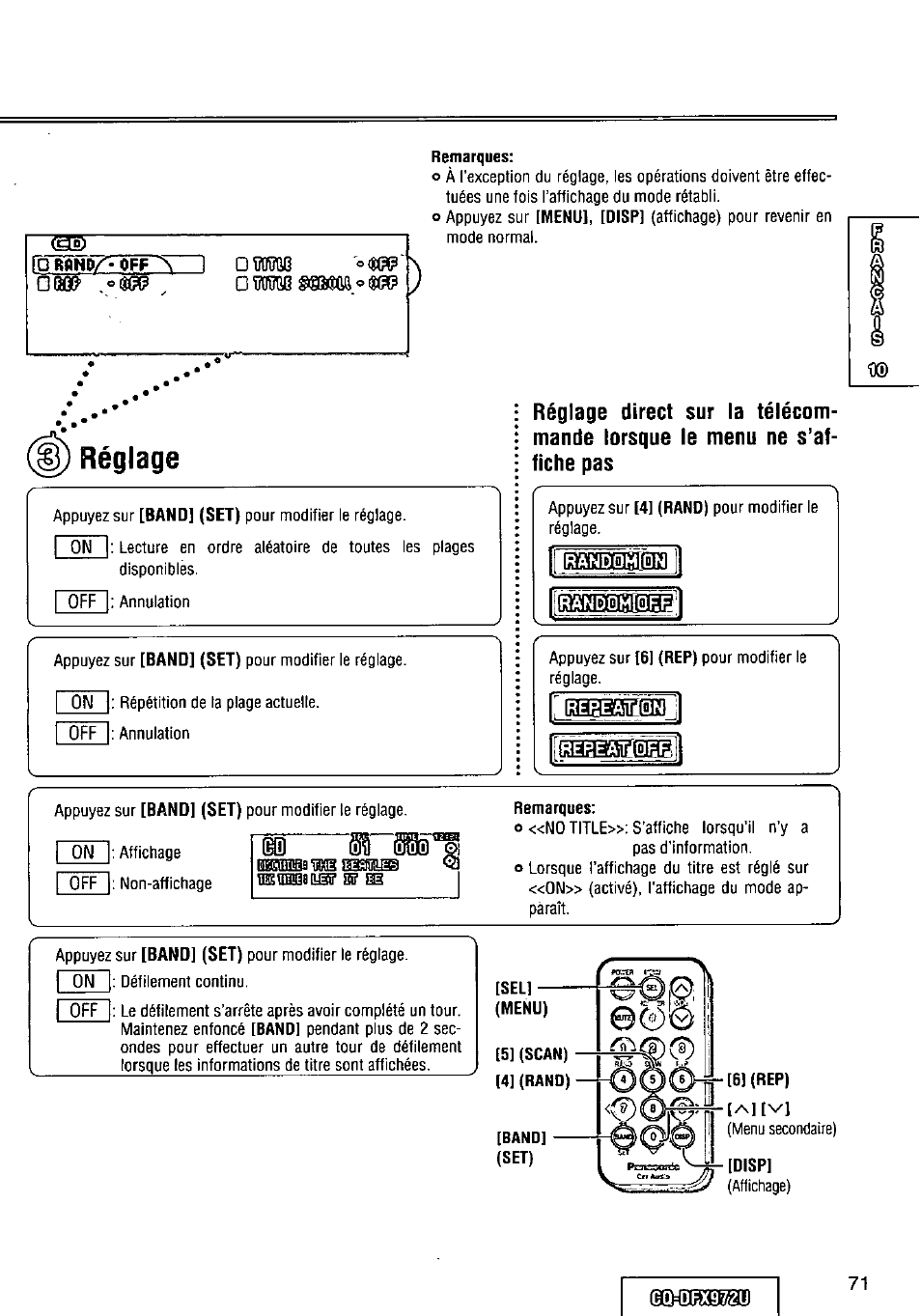 Rebeati, Regeati, Réglage | Panasonic FULL FRONT MP3 CD PLAYER CQ-DFX972U User Manual | Page 71 / 156