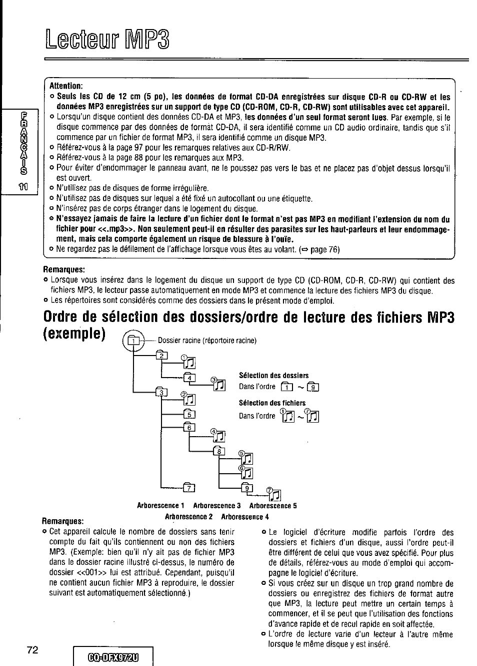 Attention, Remarques, Le*yir | Panasonic FULL FRONT MP3 CD PLAYER CQ-DFX972U User Manual | Page 72 / 156