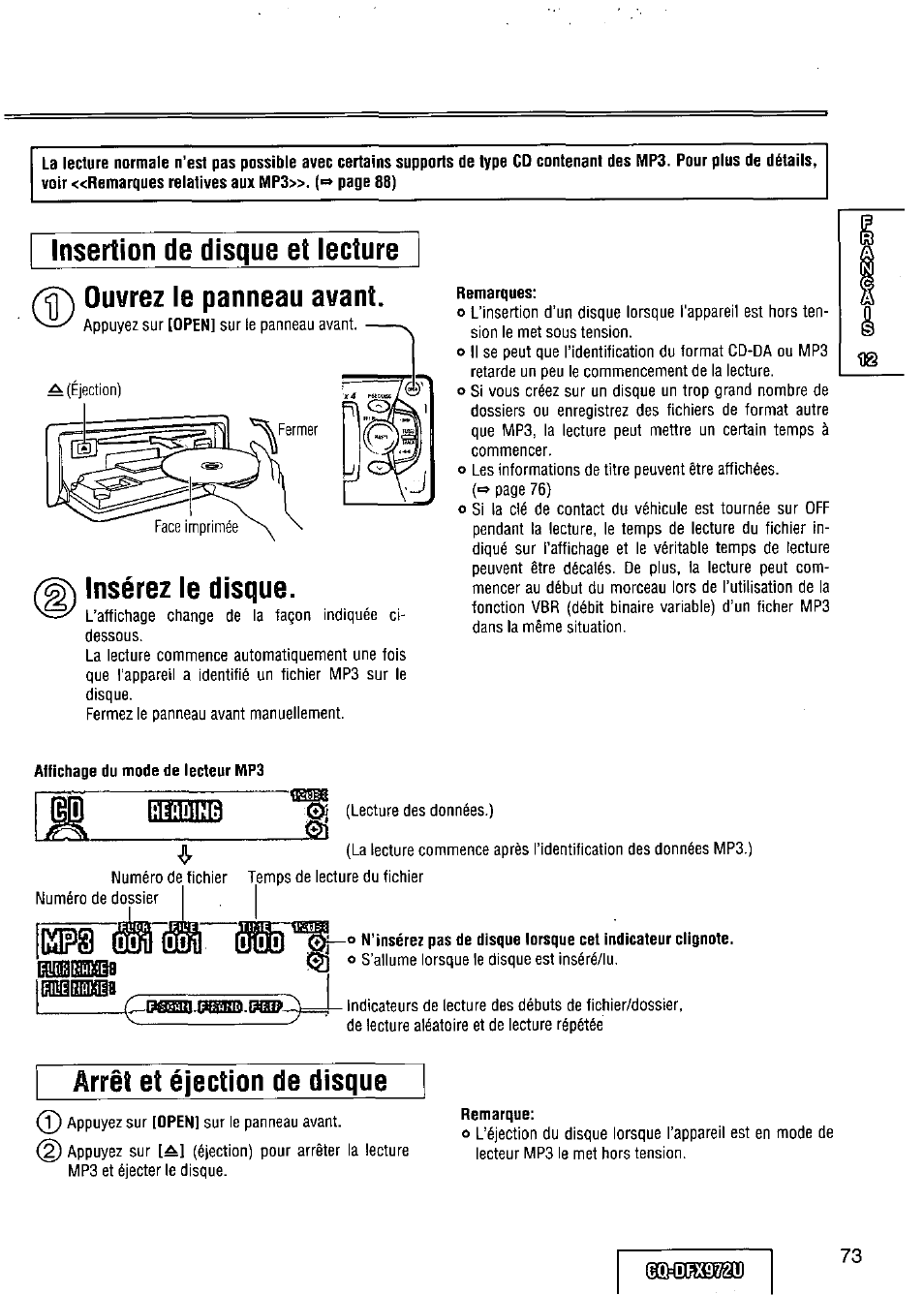 Remarques, Affichage du mode de lecteur mp3, Remarque | Eqldbxqmj, Insertion de disque et lecture, Ouvrez le panneau avant, Insérez le disque, Arrêt et éjection de disque | Panasonic FULL FRONT MP3 CD PLAYER CQ-DFX972U User Manual | Page 73 / 156