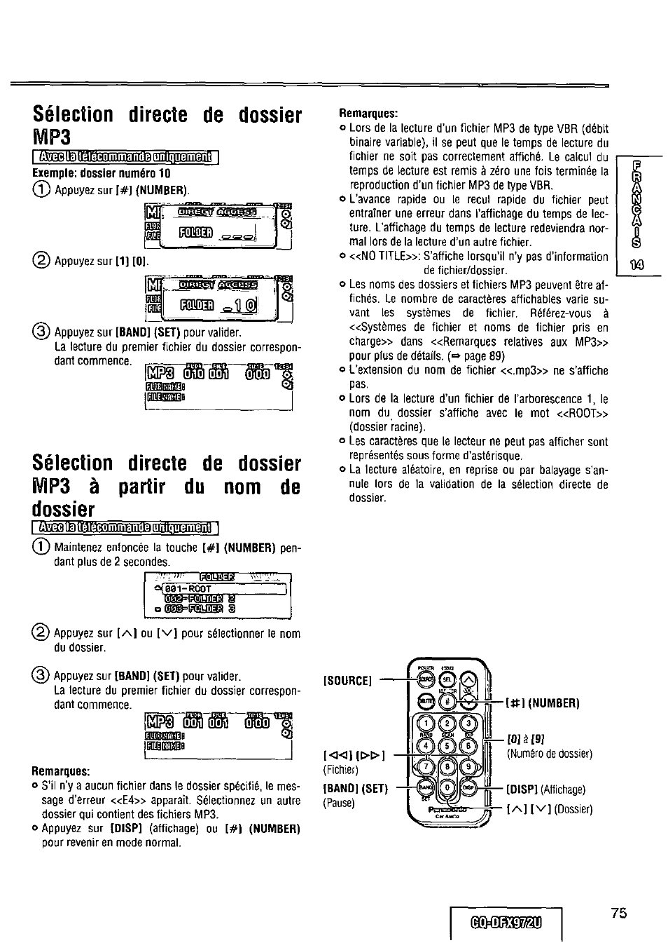 Sélection directe de dossier ìvip3, Remarques, 0]à[9j | Drx97/2u | Panasonic FULL FRONT MP3 CD PLAYER CQ-DFX972U User Manual | Page 75 / 156