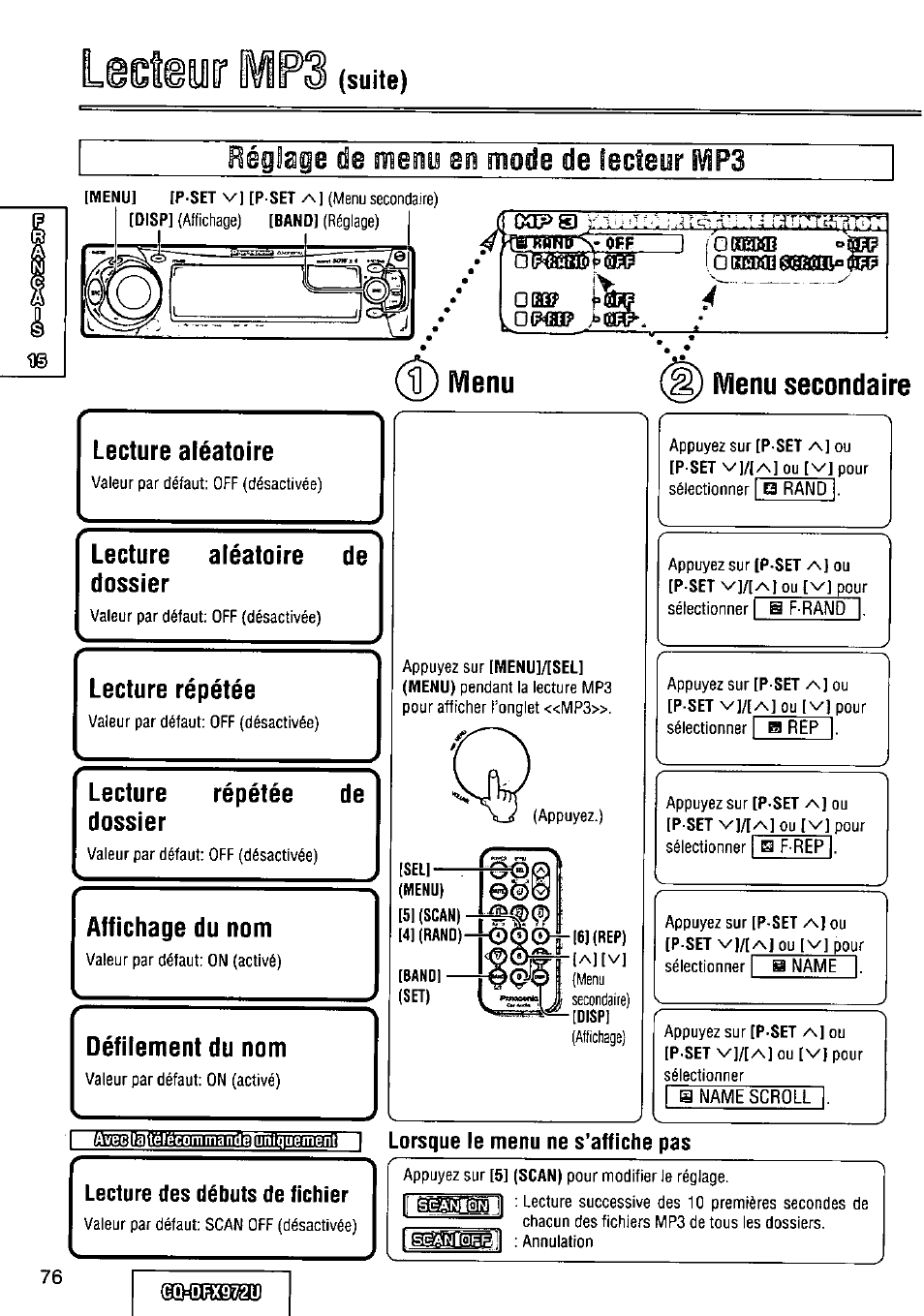 I gd33]ai@iase, Lecture aléatoire, J} menu | Menu secondaire, Qiatnieqimi 1 lorsque le menu ne s’affiche pas, Lecture des débuts de fichier, Lidi, Qiatnieqimi 1, 03? f, J} menu menu secondaire | Panasonic FULL FRONT MP3 CD PLAYER CQ-DFX972U User Manual | Page 76 / 156