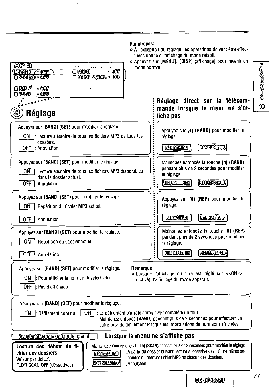 Remarques, Réglage, Remarque | Panasonic FULL FRONT MP3 CD PLAYER CQ-DFX972U User Manual | Page 77 / 156