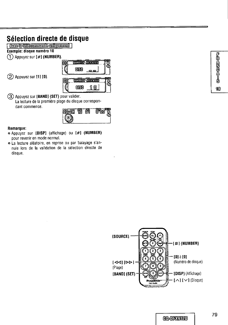 Sélection directe de disque, Remarque, 1 ¿mteîgammnïnïïibgi^^ i | Panasonic FULL FRONT MP3 CD PLAYER CQ-DFX972U User Manual | Page 79 / 156