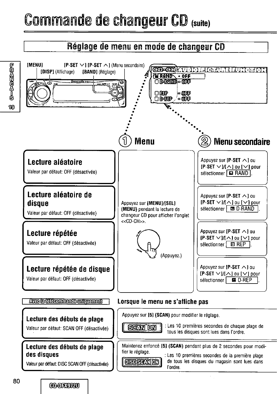 Réglage de menu en mode de changeur cd, Menu, Menu secondaire | Lecture aléatoire, Lecture aléatoire de disque, Lecture répétée, Lecture répétée de disque, Qditnsanesi] ì lorsque le menu ne s’affiche pas, Lecture des débuts de plage, Sësnlqn | Panasonic FULL FRONT MP3 CD PLAYER CQ-DFX972U User Manual | Page 80 / 156