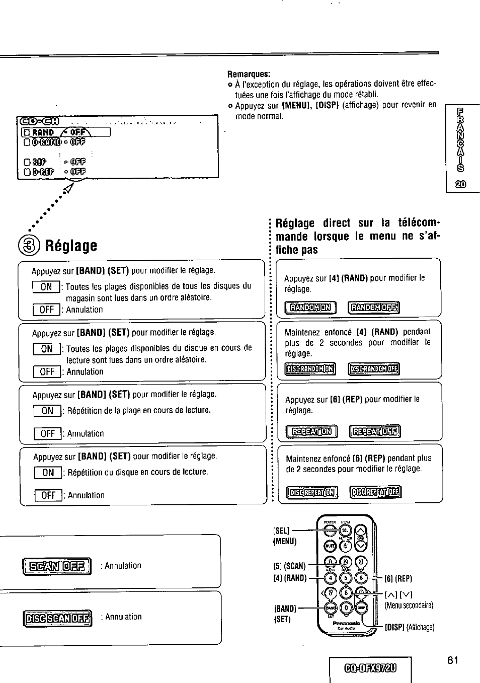 Remarques, Réglage | Panasonic FULL FRONT MP3 CD PLAYER CQ-DFX972U User Manual | Page 81 / 156