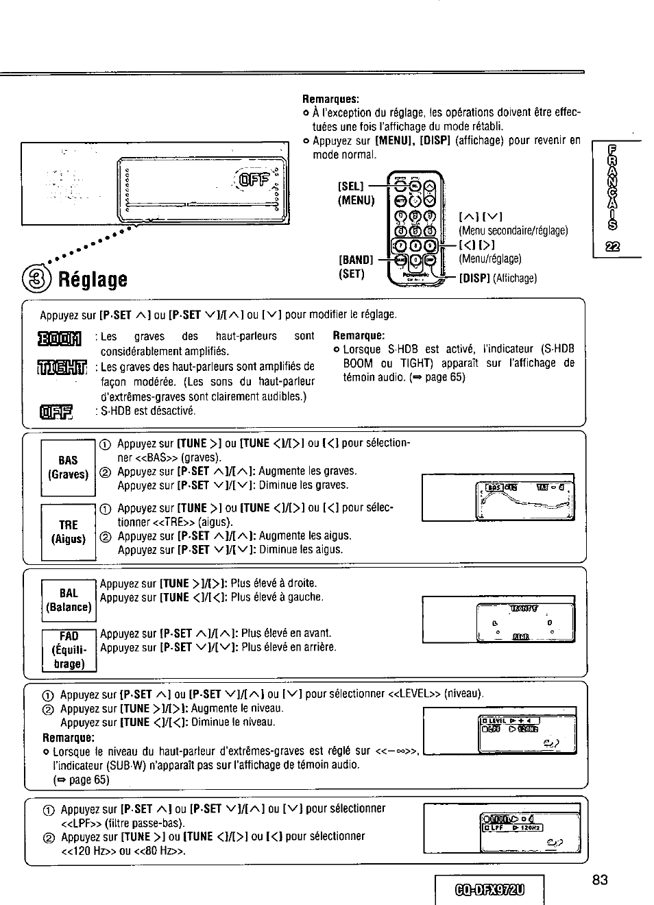 Remarques, Réglage, Remarque | Gqidbxœu | Panasonic FULL FRONT MP3 CD PLAYER CQ-DFX972U User Manual | Page 83 / 156