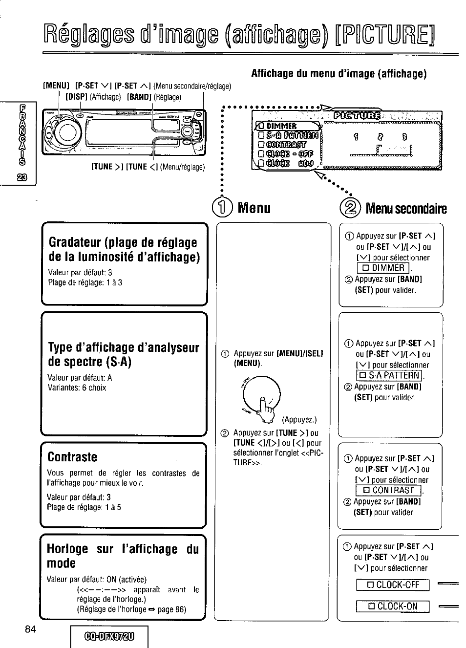 Affichage du menu d’image (affichage), Îà dimmec, Menu | Type d’affichage d’analyseur de spectre (s a), Contraste, Horloge sur l’affichage du mode, Ф appuyez sur [menumseu (menu), Menu secondaire, Dex97/2u, Ü^éilaies dllmais il | Panasonic FULL FRONT MP3 CD PLAYER CQ-DFX972U User Manual | Page 84 / 156