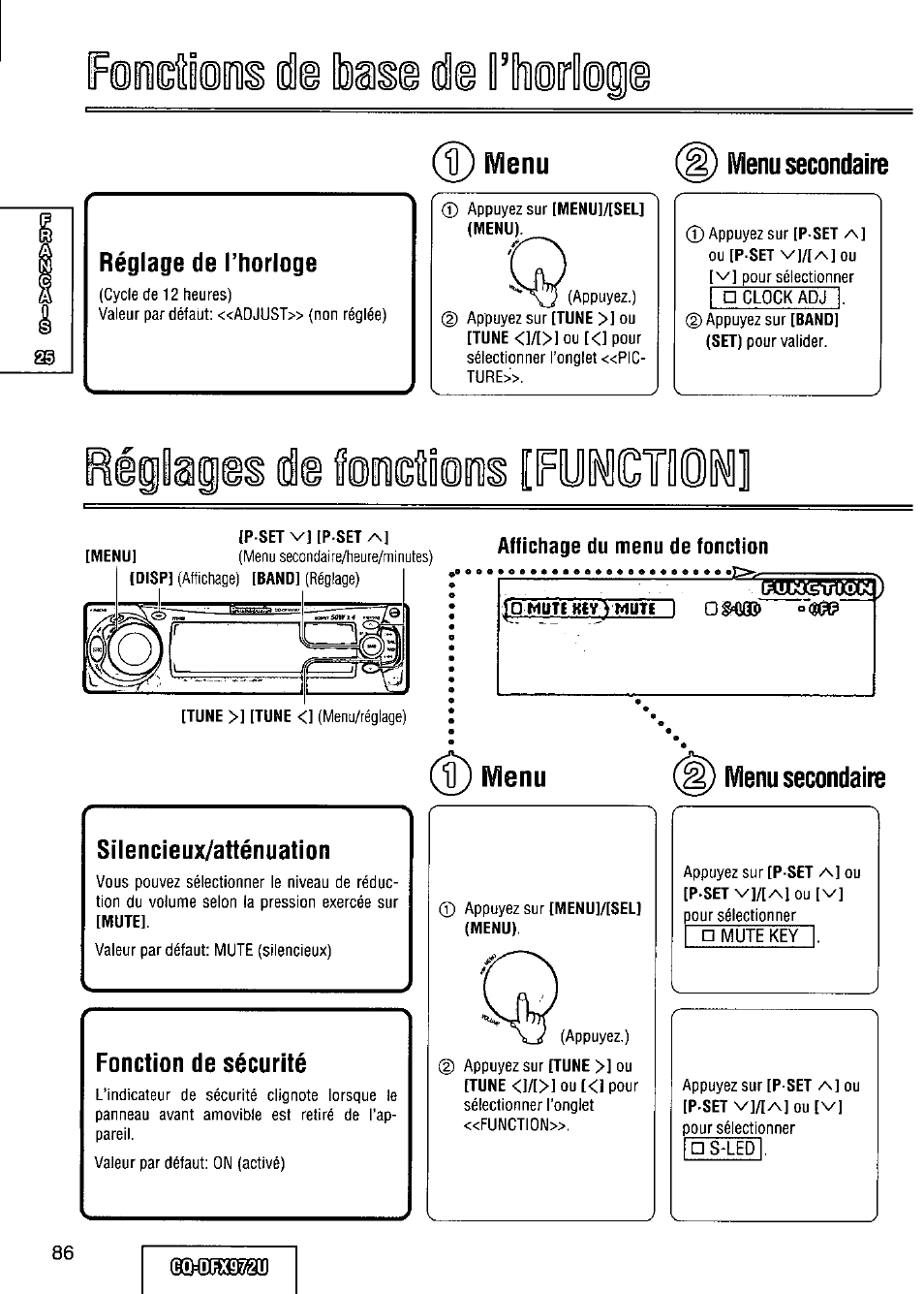 Menu, Menu secondaire, Sîlencieux/atténuation | Fonction de sécurité, Affichage du menu de fonction, Muti key> muti i »■«ép, Toirdii, Foictfloi | Panasonic FULL FRONT MP3 CD PLAYER CQ-DFX972U User Manual | Page 86 / 156