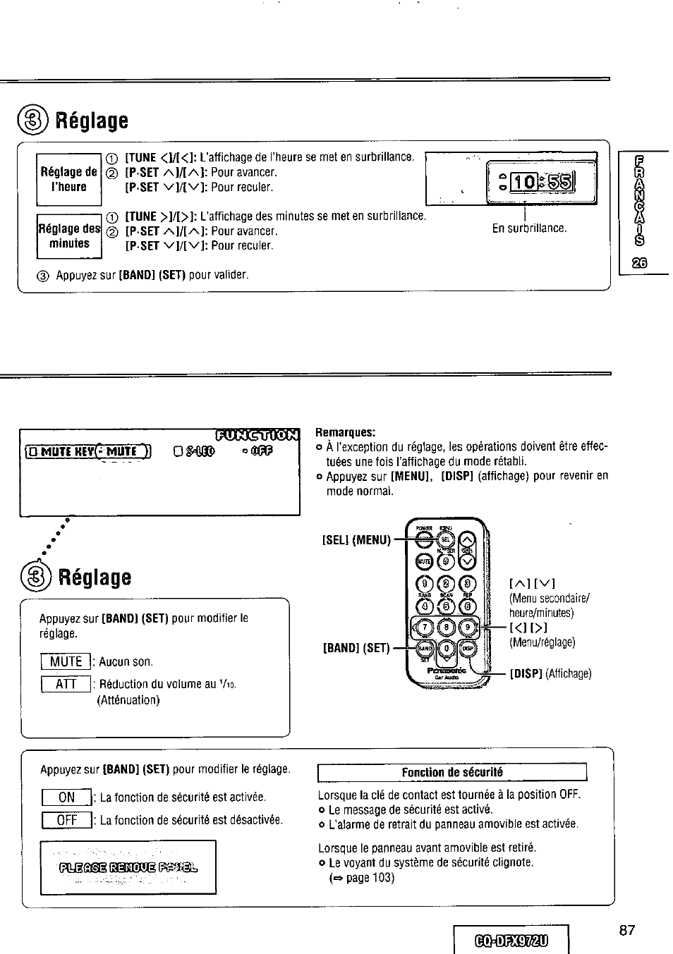 Réglage, Remarques, Fonction de sécurité | Panasonic FULL FRONT MP3 CD PLAYER CQ-DFX972U User Manual | Page 87 / 156
