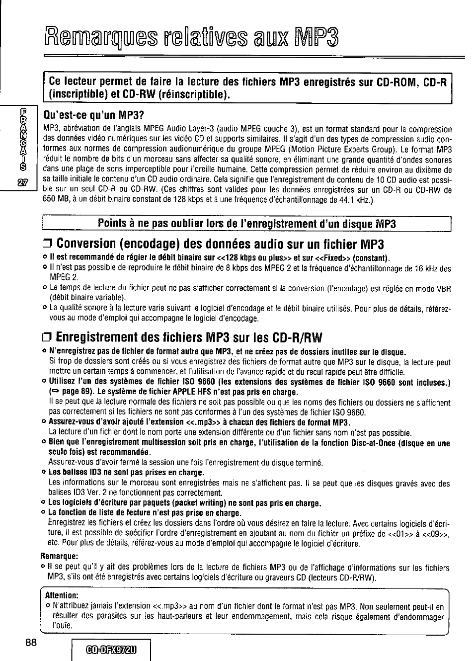 Qu’est-ce qu’un mp3, Enregistrement des fichiers mp3 sur ies cd-r/rw, Attention | Panasonic FULL FRONT MP3 CD PLAYER CQ-DFX972U User Manual | Page 88 / 156